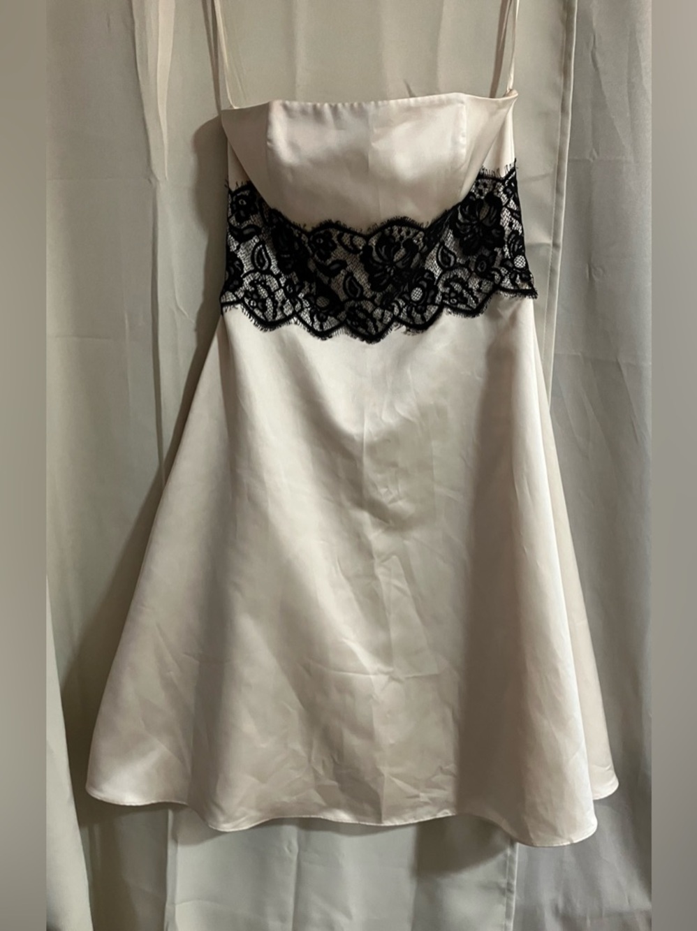 White House Black Market Ivory Satin Strapless Black Dress with Black Lace